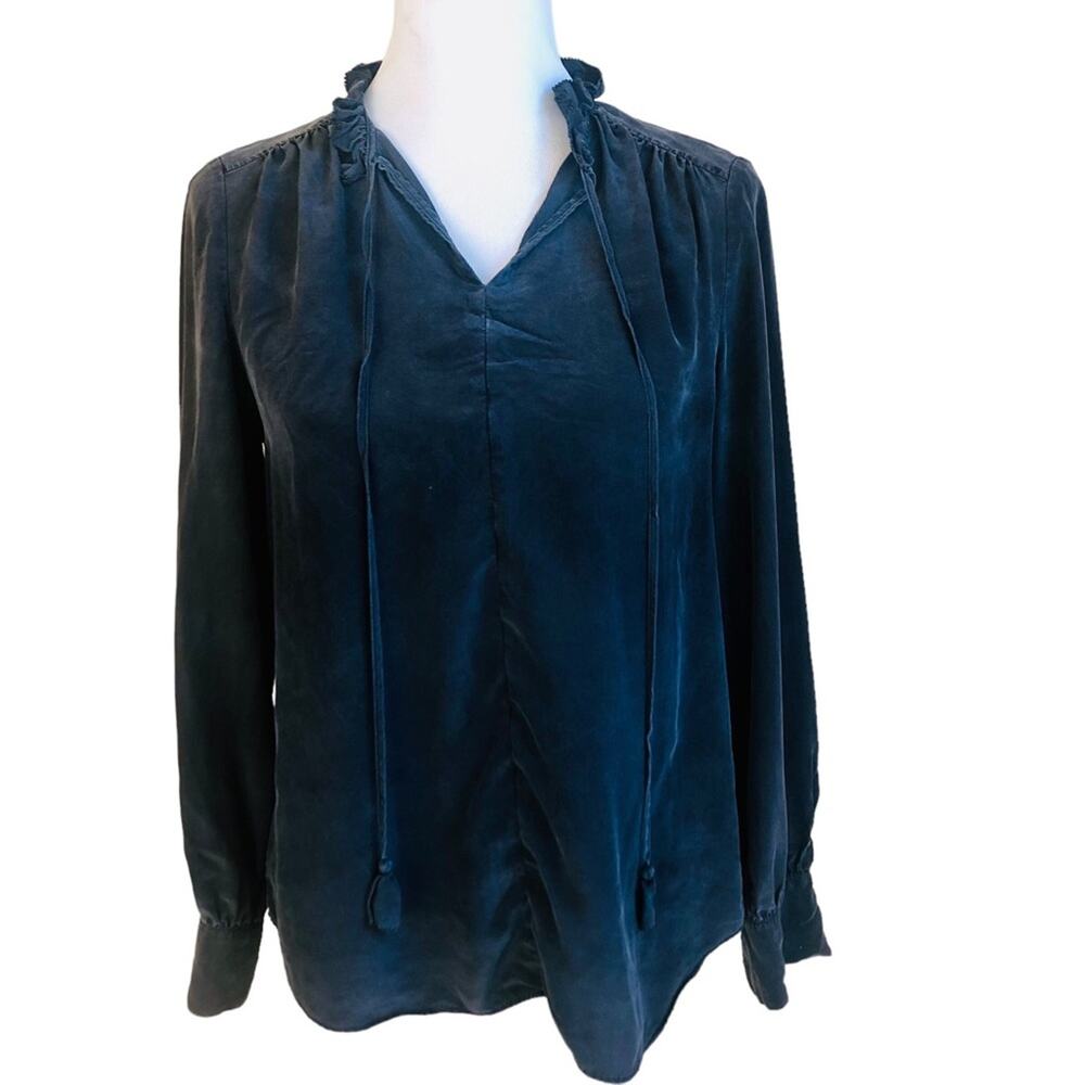 Kate Spade black silk blouse with ruffle neck and front tie tassels sz S